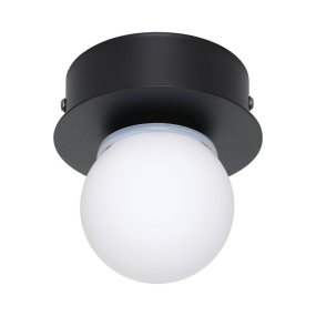 Mosiano Ø11 Zwart badkamerlamp Van Eglo - Met zijn zachte, ronde glazen kap en zwarte metalen voet creëert hij een warm en uitnodigend licht, perfect voor kleinere ruimtes zoals de hal of de badkamer.