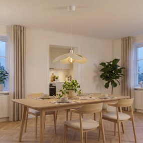 Binacua Ø60 Beige hanglamp Van Eglo - Het textiel geeft de lamp een zachte en gezellige uitstraling, terwijl de bloemvorm een speels element in de ruimte vormt.