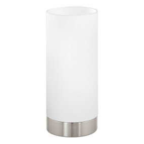 Damasco 22cm Mat nikkel tafellamp Van Eglo - Deze minimalistische tafellamp met matglas en een geborstelde stalen voet zorgt voor een zacht, aangenaam licht dat een rustige en harmonieuze sfeer cre&euml;ert.