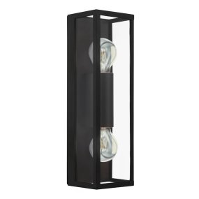 Amezola 38cm Zwart badkamerlamp Van Eglo - Door de rechthoekige vorm en de twee zichtbare lichtbronnen heeft de lamp een trendy, industriële uitstraling en verspreidt hij aangenaam licht.