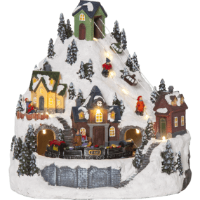 Alpville 25cm Veelkleurig Van Star Trading - Prachtige kerstdecoratie in de vorm van een decoratief winterlandschap met kabelbaan, ski&euml;rs en een station met draaiende trein.