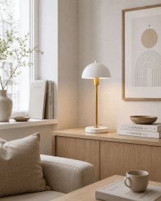 Dito 47cm Wit tafellamp Van Nordic Lighting - De witte kap en de natuurlijke witte marmeren voet zorgen voor een verfijnde uitstraling, terwijl de stang met glanzende gouden afwerking een warme en luxueuze sfeer toevoegt.