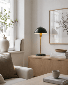 Dito 47cm Groente tafellamp Van Nordic Lighting - De groene kap en marmeren voet zorgen voor een verfijnde uitstraling, terwijl de stang met glanzende gouden afwerking een warme en luxueuze sfeer toevoegt.