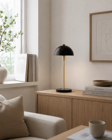 Dito 47cm Zwart tafellamp Van Nordic Lighting - De zwarte kap en marmeren voet zorgen voor een verfijnde uitstraling, terwijl de stang met glanzende gouden afwerking een warme en luxueuze sfeer toevoegt.