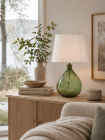 Tasso 55cm Groente tafellamp Van Lampan - De lampvoet is gemaakt van groen, transparant glas met een zacht afgeronde vorm die een luchtige en moderne uitstraling geeft.