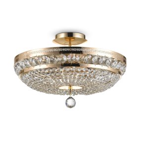 Ottilia Ø45 Goud kristal Van Maytoni - De Ottilia kristallen kroonluchter in de vorm van een plafondlamp heeft een traditionele komvorm met een frame van goudkleurig metaal en een geperforeerde ring versierd met kristallen in verschillende maten en vormen.