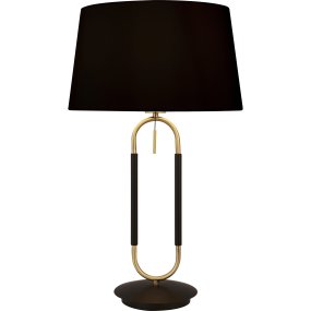 Jazz 50cm Matzwart tafellamp Van Searchlight - Het geometrische metalen frame in goud en zwart zorgt voor een harmonieus contrast, terwijl de zwarte lampenkap een zacht en aangenaam licht verspreidt.