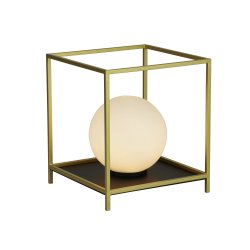 Block 20cm Goud tafellamp Van Searchlight - De bolvormige opaalwitte lichtbron wordt omlijst door een vierkante metalen structuur met een gouden afwerking, waardoor een perfecte balans ontstaat tussen vorm en functie.
