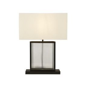 Clarendon 53cm Zwart tafellamp Van Searchlight - De opvallende lampenvoet van matzwart metaal en gehard glas maakt een krachtige indruk, terwijl de gebroken witte fluwelen kap een zacht contrast en een gevoel van luxe toevoegt.