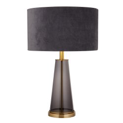 Verona 44cm Grijs tafellamp Van Searchlight - Met een voet van gerookt glas en goud, bekroond met een grijze kap van fluweel, is deze 60 cm hoge tafellamp een elegant en verfijnd detail in uw huis.