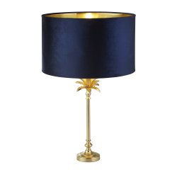 Palm 45cm Blauw tafellamp Van Searchlight - De tafellamp heeft een voet van satijnmessing in de vorm van een palmboom, bekroond met een luxueuze donkerzwarte kap.