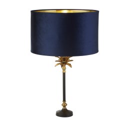 Palm 45cm Blauw tafellamp Van Searchlight - Gemaakt van hoogwaardige materialen, heeft het een basis van matzwart en antiek messing in de vorm van een palmboom, bekroond met een luxueuze donkerblauwe kap.