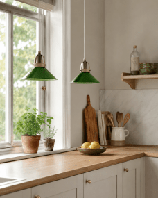Mäster Ø20 Antiek messing/groen raamlamp Van Lampan - De groene glazen kap zorgt voor een gelijkmatig en aangenaam licht, waardoor een uitnodigende sfeer in de kamer ontstaat.