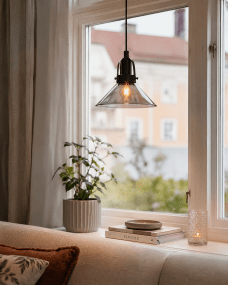 Mäster Ø20 Zwart/Rookkleurig raamlamp Van Lampan - De kap van rookglas zorgt voor een gelijkmatig en aangenaam licht, waardoor een uitnodigende sfeer in de kamer ontstaat.