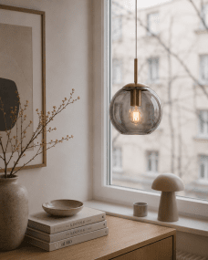 Globi Ø15 Messing/gerookt raamlamp Van Nordic Lighting - De Globi raamlamp is een stijlvolle en moderne lamp die de kamer een warme en gezellige sfeer geeft.