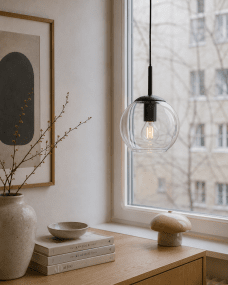 Globi Ø15 Zwart/transparant raamlamp Van Nordic Lighting - De Globi raamlamp is een stijlvolle en moderne lamp die de kamer een warme en gezellige sfeer geeft.