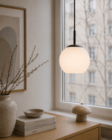 Globi Ø15 Zwart-wit raamlamp Van Nordic Lighting - De Globi raamlamp is een stijlvolle en moderne lamp die de kamer een warme en gezellige sfeer geeft.