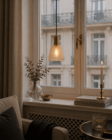Daimon Ø15 Amber raamlamp Van Lampan - De amberkleurige glazen kap heeft een prachtig patroon dat zorgt voor een levendig en sfeervol licht.