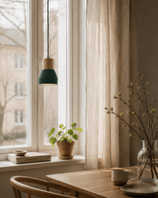 Pepe Ø13 Groente raamlamp Van Nordic Lighting - De combinatie van hout en beton zorgt voor een robuuste en tegelijkertijd warme uitstraling, terwijl de donkergroene, matte kleur een rustige en trendy sfeer toevoegt.