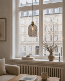 Origo Ø20 Rookkleurig raamlamp Van Lampan - De kap van rookglas zorgt voor een zacht en sfeervol licht, terwijl de details in matgoud een warme en exclusieve uitstraling geven.