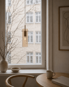Cilinda Ø7 Messing/amber raamlamp Van Nordic Lighting - Het amberkleurige glas zorgt voor een mooie lichtverspreiding en in combinatie met de antieke messing details vormt het een stijlvolle toevoeging aan uw interieur.