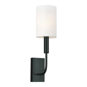 Brianna 36cm Zwart Van Elstead Lighting - De armatuur is gemaakt van zwart metaal en heeft een zacht gebogen arm die een mooi contrast vormt met de rechte wandplaat.