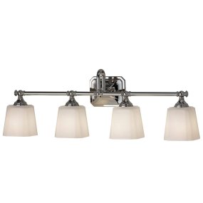 Concord 76cm Chroom badkamerlamp Van Elstead Lighting - Deze is voorzien van vier zacht gevormde, opaalwitte glaskappen die een aangenaam en egaal licht verspreiden, ideaal voor badkamers.