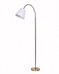 Uno Antiek messing vloerlamp Van Lampan - De witte linnen lampenkap verspreidt een zacht en aangenaam licht en is perfect als leeslamp bij de bank of als sfeerverlichting in de slaapkamer.