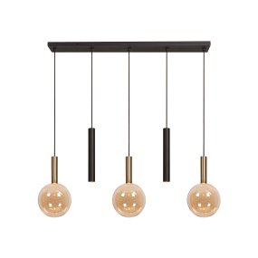 Josiane 105cm Zwart Van Lucide - De amberkleurige glazen kappen hebben messingkleurige bevestigingen en bevatten elk een G9-lichtbron die een zachte en uitnodigende gloed verspreidt.