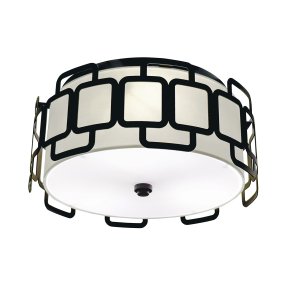 Sabina Ø38 Zwart Van Elstead Lighting - De geometrische constructie van zwart staal creëert een stijlvol patroon rond de crèmekleurige textielen kap en geeft de lamp een modern karakter.