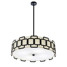 Sabina Ø57 Zwart hanglamp Van Elstead Lighting - De geometrische constructie van zwart staal cre&euml;ert een stijlvol patroon rond de cr&egrave;mekleurige textielen kap en geeft de lamp een modern karakter.