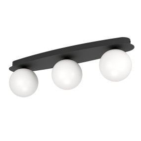 Castrovido 58cm Zwart badkamerlamp Van Eglo - Hij is gemaakt van zwart metaal en heeft drie ronde, opalen glazen kappen die een zacht en gelijkmatig licht verspreiden.