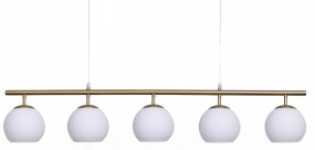 Globi 5 120cm Geborsteld messing/wit hanglamp Van Nordic Lighting - De metalen ophanging met geborsteld messing afwerking zorgt voor een elegante en grafische uitstraling, terwijl de vijf ronde opalen glazen koepels een aangenaam en gelijkmatig licht in de ruimte verspreiden.