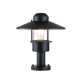 Klampenborg 32cm Zwart Van Elstead Lighting - Tillverkad av rostfritt st&aring;l i svart finish och glas, erbjuder den en robust konstruktion som st&aring;r emot v&auml;der och vind.