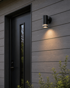 Cylinder Zwart buitenlamp Van Lampan - Lampan lyser fint ner p&aring; v&auml;ggen och skapar en h&auml;rlig atmosf&auml;r.