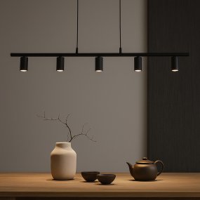 Lucy 115cm Matzwart Van Belid - Lucy is een moderne lineaire hanglamp met 5 spots, speciaal ontworpen om boven een aanrecht te plaatsen.
