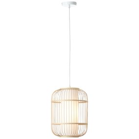 Bones Ø30 Hout hanglamp Van Brilliant - De kap is bekleed met hoogwaardig, wit textiel dat zorgt voor een zachte lichtverdeling, terwijl details van bamboe - een hernieuwbaar en milieuvriendelijk materiaal - bijdragen aan een natuurlijke en gezellige sfeer.