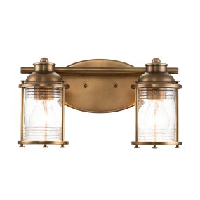 Ashland Bay 36cm Messing badkamerlamp Van Elstead Lighting - Gemaakt van staal en glas, heeft het een luxueuze messing afwerking en twee prachtig gestructureerde glazen die het licht op een aangename manier verspreiden.
