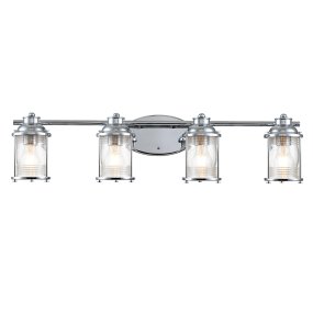 Ashland Bay 85cm Chroom badkamerlamp Van Elstead Lighting - Gemaakt van staal en glas, heeft het een luxe gepolijste chromen afwerking en vier prachtig getextureerde glazen die het licht verspreiden.