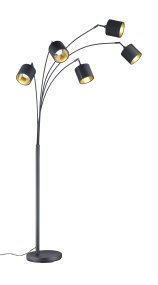 Tommy 5 Zwart vloerlamp Van Trio Lighting - De heldere, moderne vormen en het matzwarte metaal met zwarte en gouden stoffen kappen maken de lamp tot een elegant en flexibel interieurdetail.
