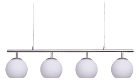 Globi 4 78cm Nikkel hanglamp Van Nordic Lighting - De metalen ophanging met een matte nikkelafwerking zorgt voor een elegante en grafische uitstraling, terwijl de vier ronde opalen glazen koepels een aangenaam en gelijkmatig licht in de ruimte verspreiden.