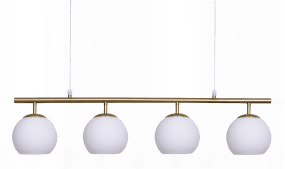 Globi 4 78cm Geborsteld messing/wit hanglamp Van Nordic Lighting - De metalen ophanging met geborsteld messing afwerking zorgt voor een elegante en grafische uitstraling, terwijl de vier ronde opalen glazen koepels een aangenaam en gelijkmatig licht in de ruimte verspreiden.