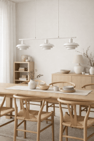 Stealth 86cm Wit hanglamp Van Nordic Lighting - Stealth is een stijlvolle plafondlamp van wit metaal met drie naar beneden gerichte kappen die een aangenaam, gericht licht geven boven bijvoorbeeld een eettafel of keuken.