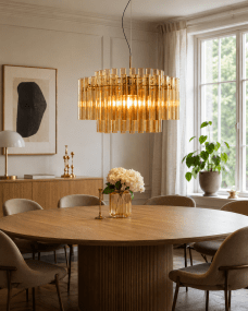 Lancaster Ø54 Messing/amber hanglamp Van Lampan - Het licht wordt prachtig gefilterd door het glas en cre&euml;ert een zachte, gouden gloed die de kamer een luxueuze en uitnodigende uitstraling geeft.