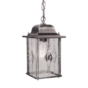 Wexford 16cm Zilver Van Elstead Lighting - Wexford is een klassieke hangende buitenlantaarn van aluminium met een elegante donkerzilveren afwerking en decoratieve glazen panelen met een loodpatroon.