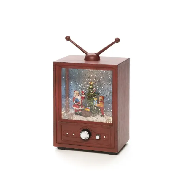 Met Water Gevulde Lantaarn In De Vorm Van Een Tv Bruin Van Konstsmide - Deze met water gevulde lantaarn in de vorm van een retro-tv toont een sfeervol tafereel met de Kerstman, een jongen en een versierde kerstboom.
