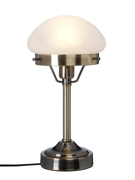 Mini Strindberg 30cm Antiek messing tafellamp Van Cottex - Dankzij de robuuste metalen constructie en het gematteerde glas verspreidt de lamp een zacht en aangenaam licht, perfect voor op het nachtkastje of als stijlvol interieurdetail in de woonkamer.
