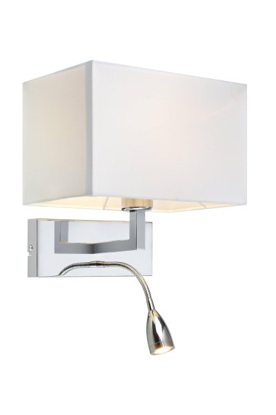 Savoy Chroom leeslamp Van Markslöjd - Een stijlvolle wandlamp met een witte textielen kap en een aparte chromen leeslamp, perfect voor in de slaapkamer.