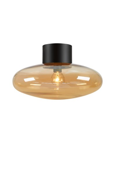 Locus Ø28 Amber plafondlamp Van Markslöjd - Deze gecombineerde plafondlamp en wandlamp combineert een stijlvolle zwarte basis met een amberkleurige glazen kap die een warm en uitnodigend licht verspreidt.