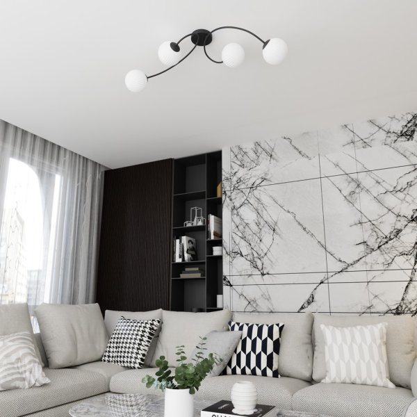 Vibra 110cm Wit plafondlamp Van Emibig Lighting - De opaalglazen koepels verspreiden een zacht, diffuus licht dat de kamer een lichte en moderne uitstraling geeft.